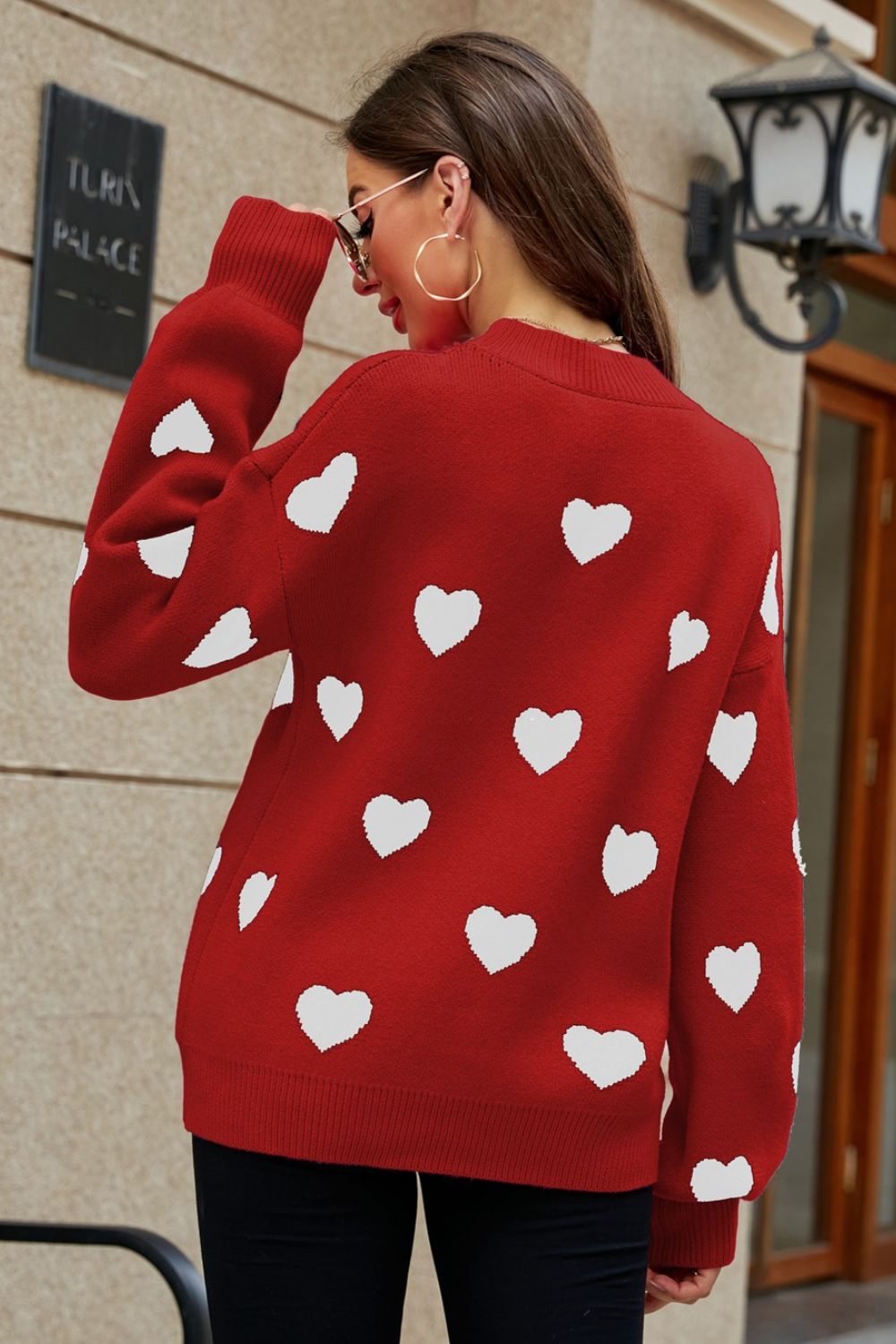 Woven Right Heart Pattern Lantern Sleeve Round Neck Tunic Sweater - The Boutie Shop