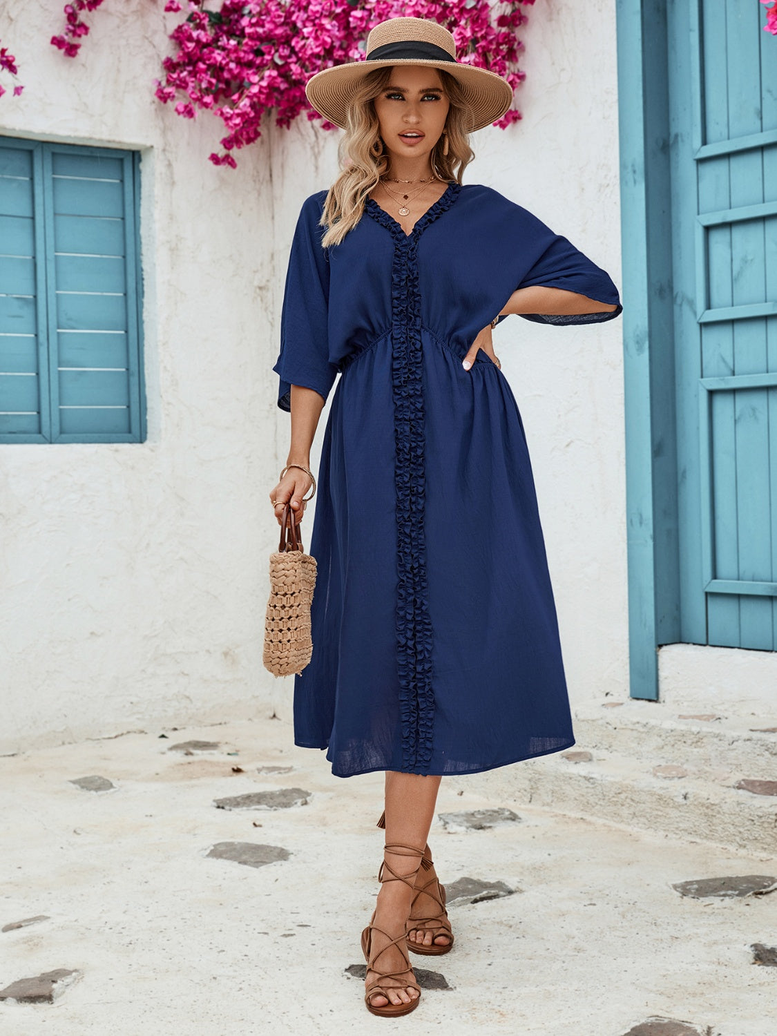 Honey Frill Slit V-Neck Three-Quarter Sleeve Dress - The Boutie Shop