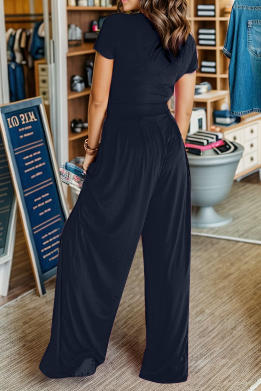 Short Sleeve Top and Wide Leg Pants Set - The Boutie Shop