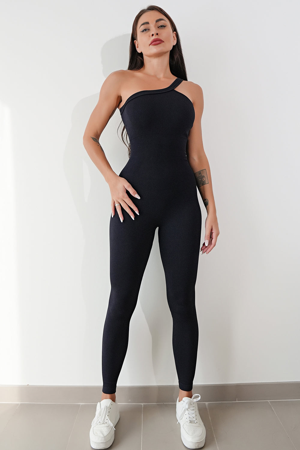 Asymmetrical Neck Wide Strap Active Jumpsuit - The Boutie Shop