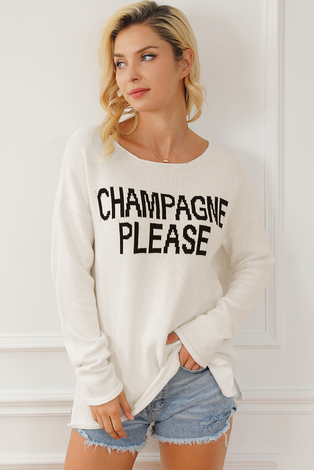 CHAMPAGNE PLEASE Long Sleeve Slit Sweater - The Boutie Shop