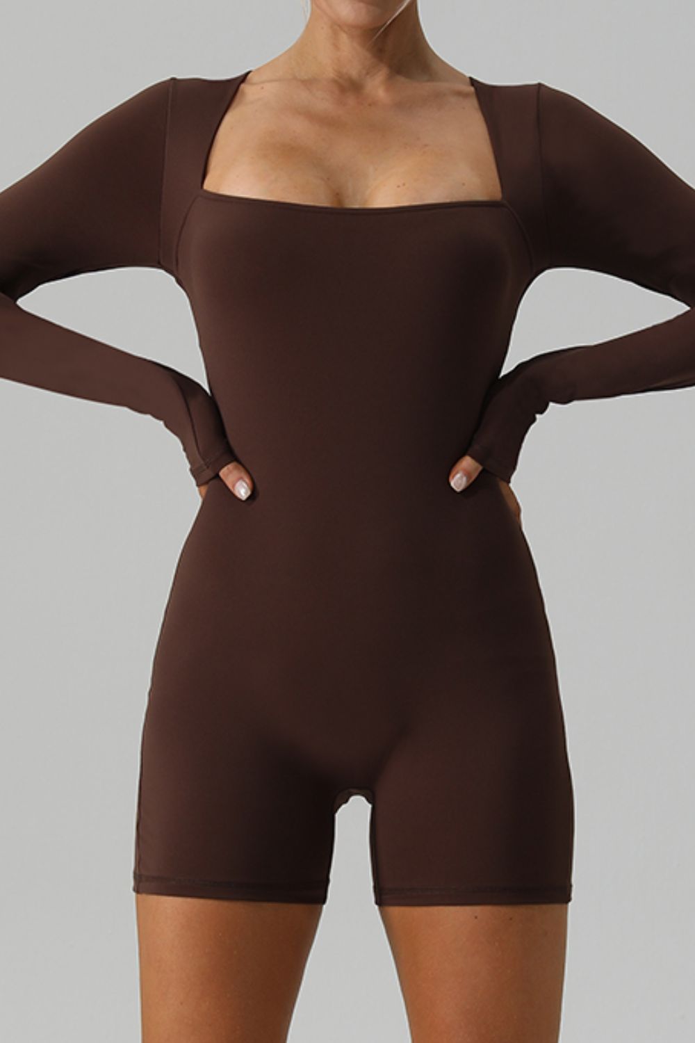 Square Neck Long Sleeve Active Romper - The Boutie Shop