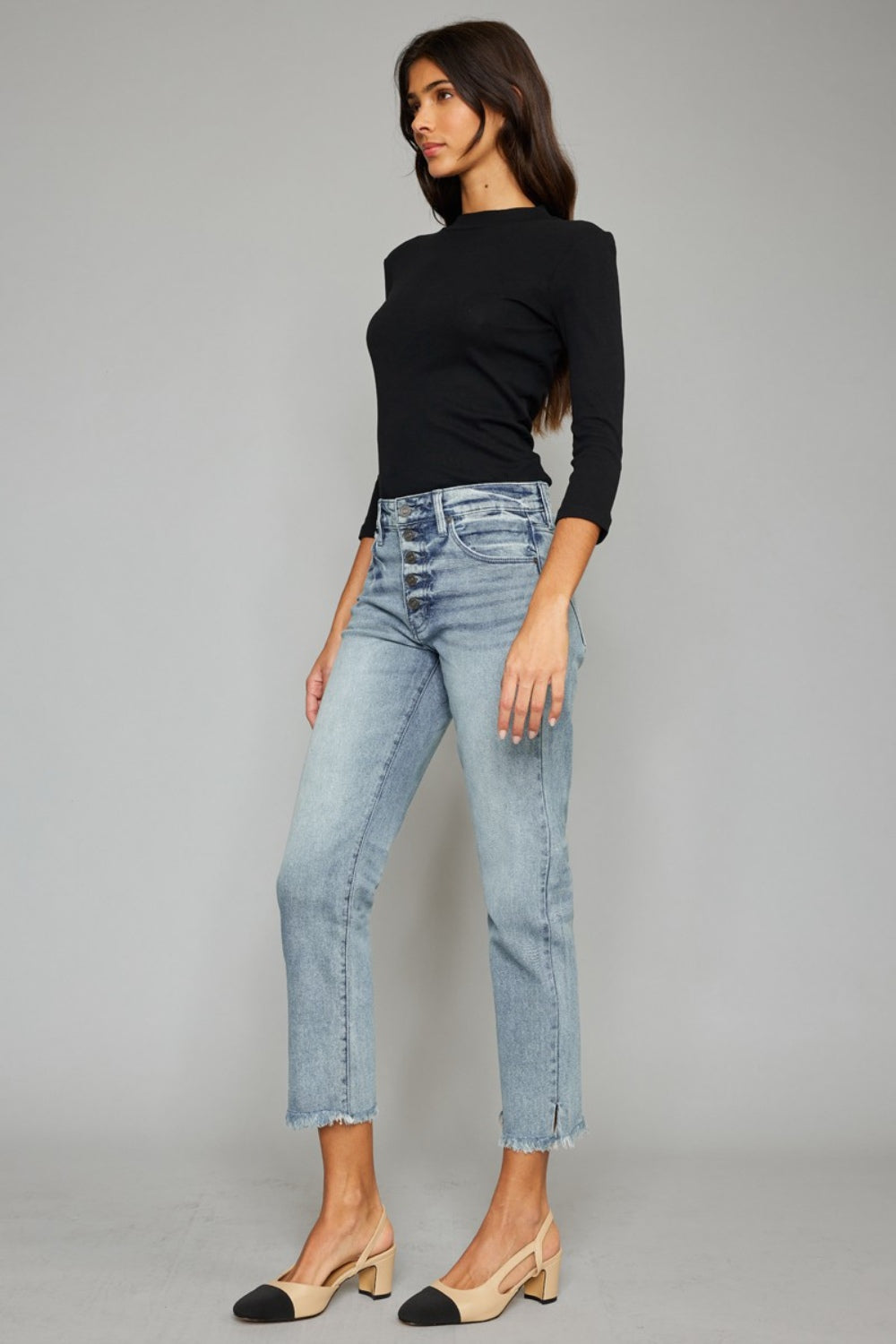 Kancan High Waist Button Fly Raw Hem Cropped Straight Jeans - The Boutie Shop