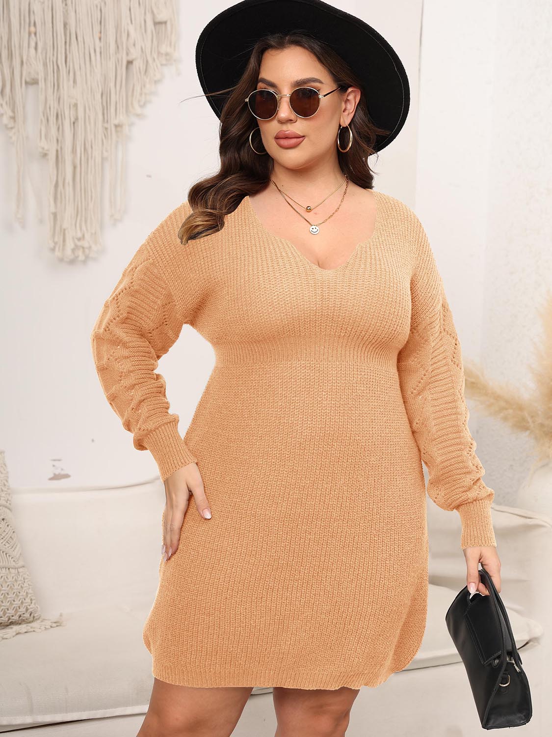 Plus Size Dropped Shoulder Long Sleeve Knit Mini Dress - The Boutie Shop