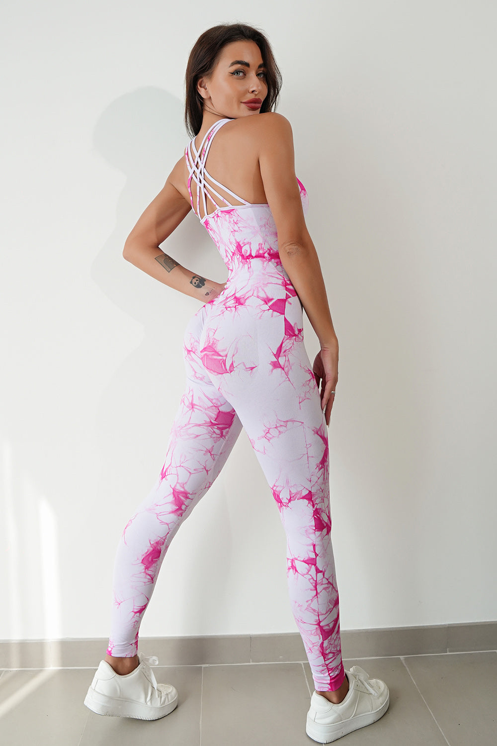 Printed Crisscross Wide Strap Jumpsuit - The Boutie Shop