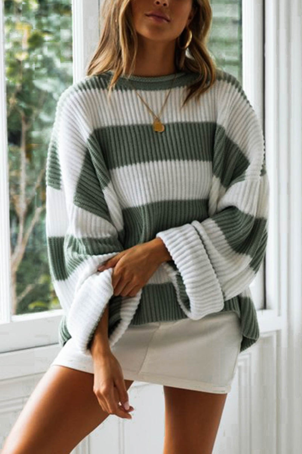 Striped Round Neck Long Sleeve Sweater - The Boutie Shop