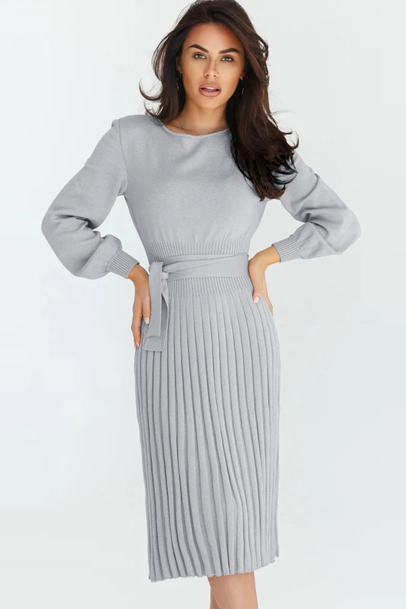 Round Neck Long Sleeve Pleated Sweater Dress - The Boutie Shop