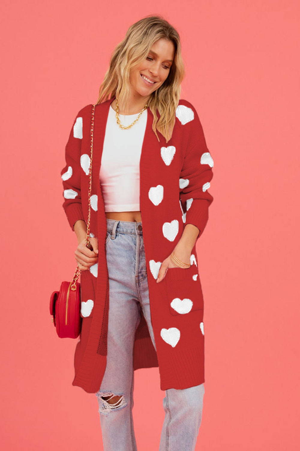 Heart Graphic Open Front Cardigan with Pockets - The Boutie Shop