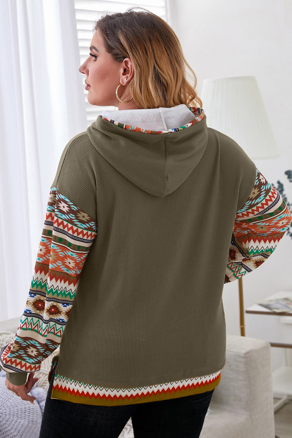 Plus Size Waffle-Knit Geometric Dropped Shoulder Hoodie - The Boutie Shop