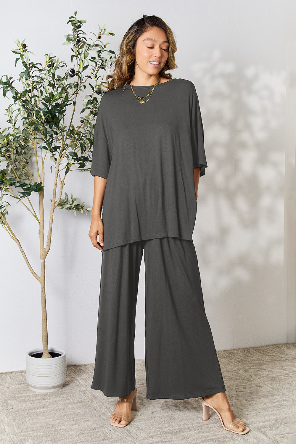 Double Take Full Size Round Neck Slit Top and Pants Set - The Boutie Shop