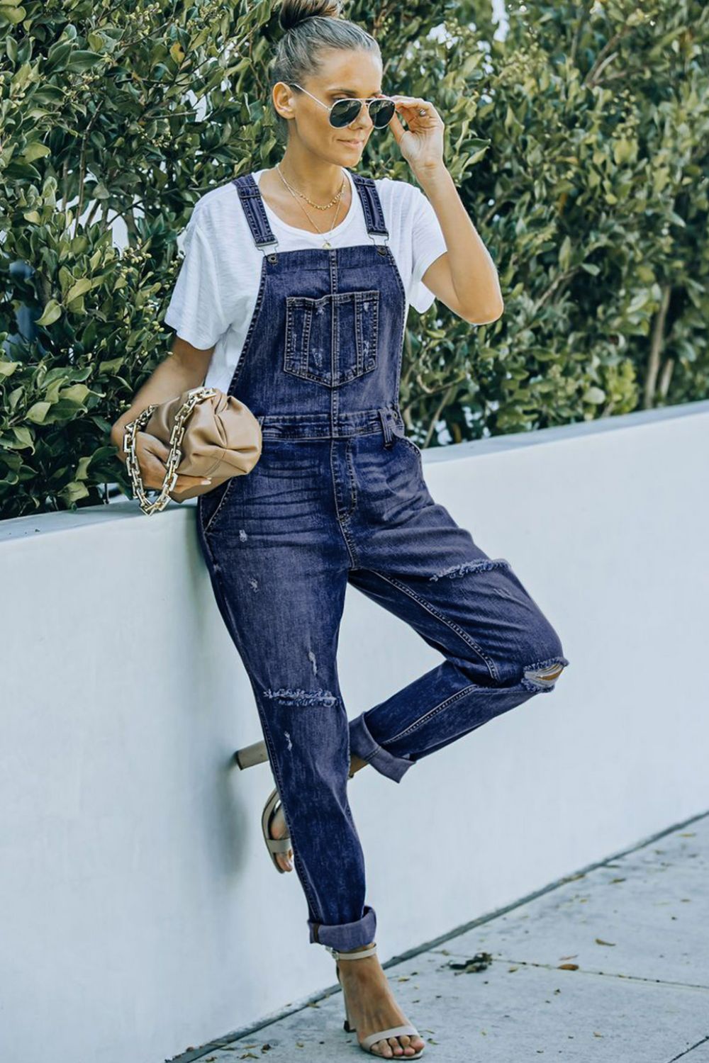 Pocketed Distressed Denim Overalls - The Boutie Shop