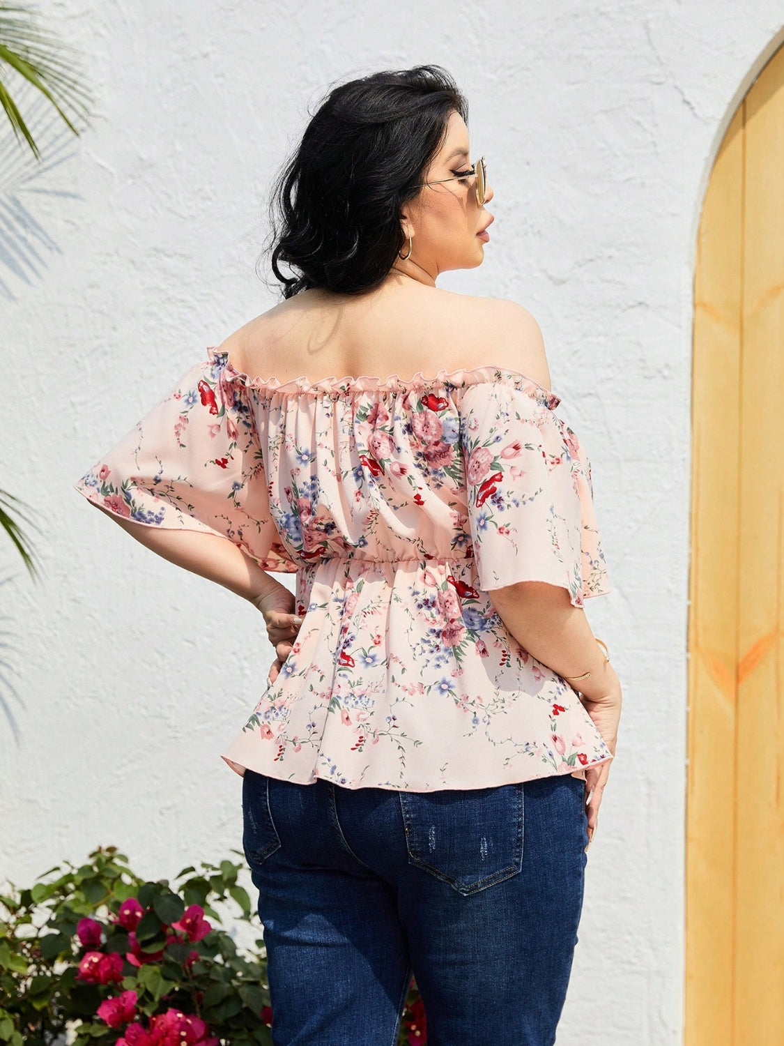 Plus Size Frill Printed Flutter Sleeve Blouse - The Boutie Shop