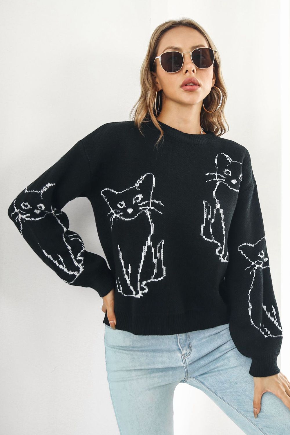 Cat Pattern Round Neck Long Sleeve Pullover Sweater - The Boutie Shop