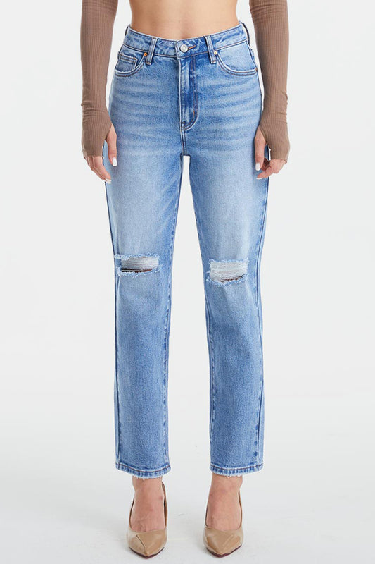 BAYEAS High Waist Distressed Cat's Whiskers Washed Straight Jeans - The Boutie Shop