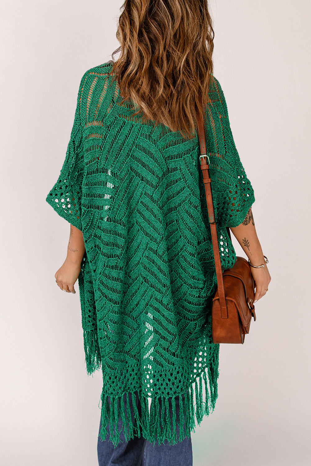 Openwork Open Front Cardigan with Fringes - The Boutie Shop