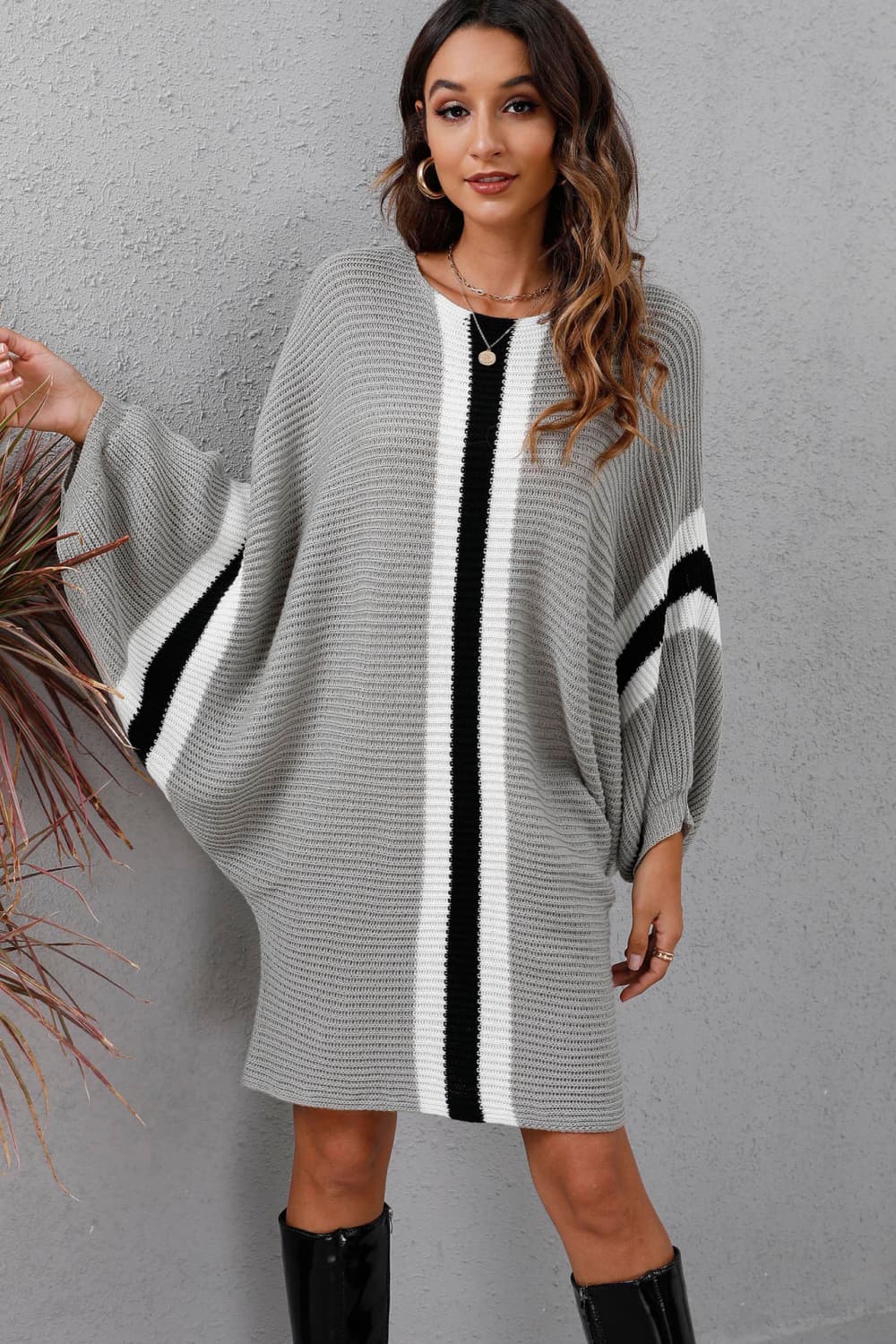 Ribbed Round Neck Long Sleeve Sweater Dress - The Boutie Shop