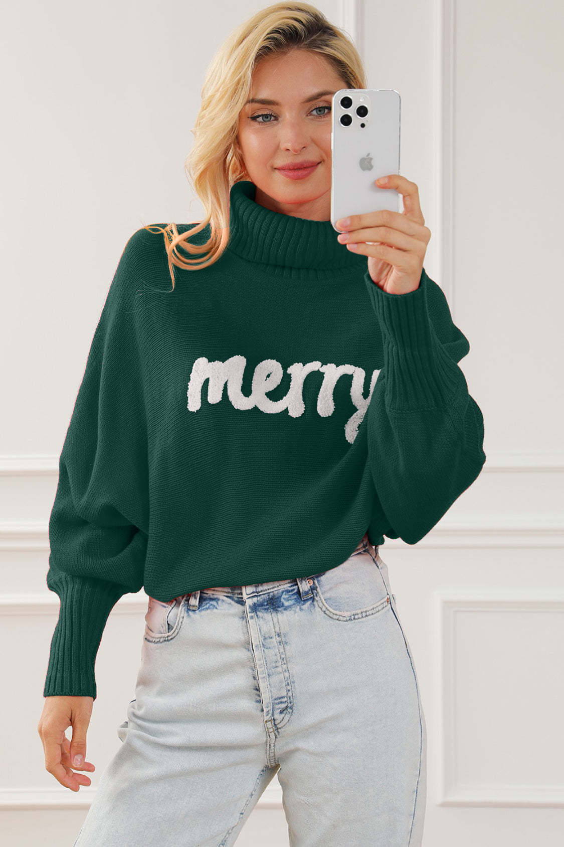 Merry Letter Embroidered High Neck Sweater - The Boutie Shop