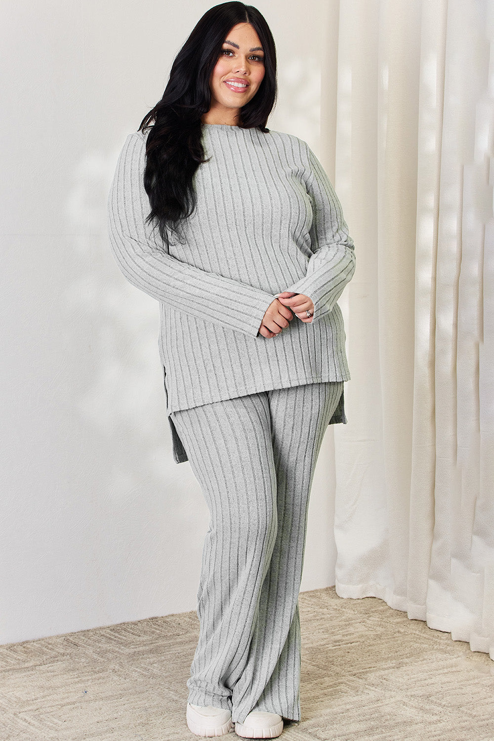 Basic Bae Full Size Ribbed High-Low Top and Wide Leg Pants Set - The Boutie Shop