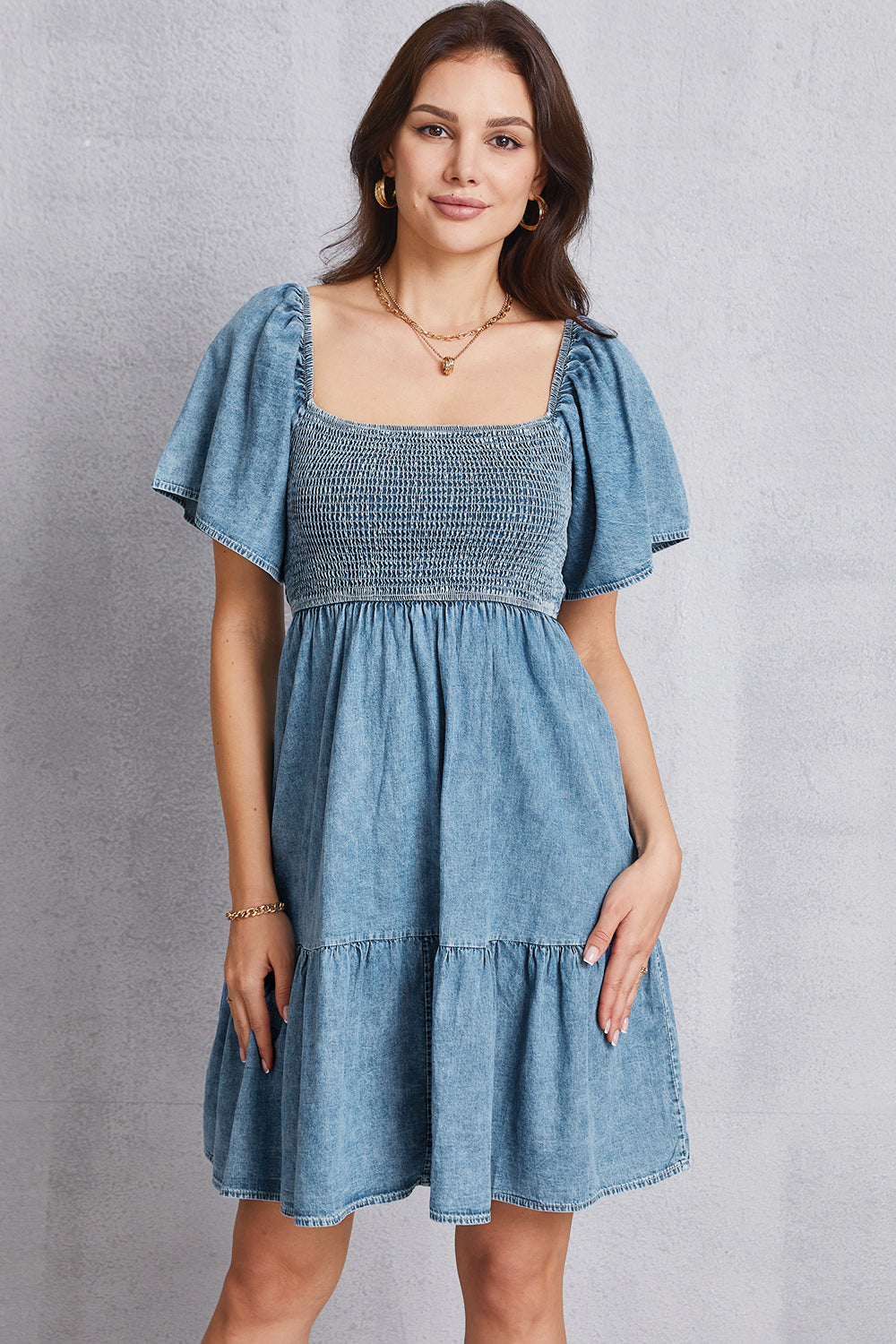 Smocked Square Neck Mini Denim Dress - The Boutie Shop