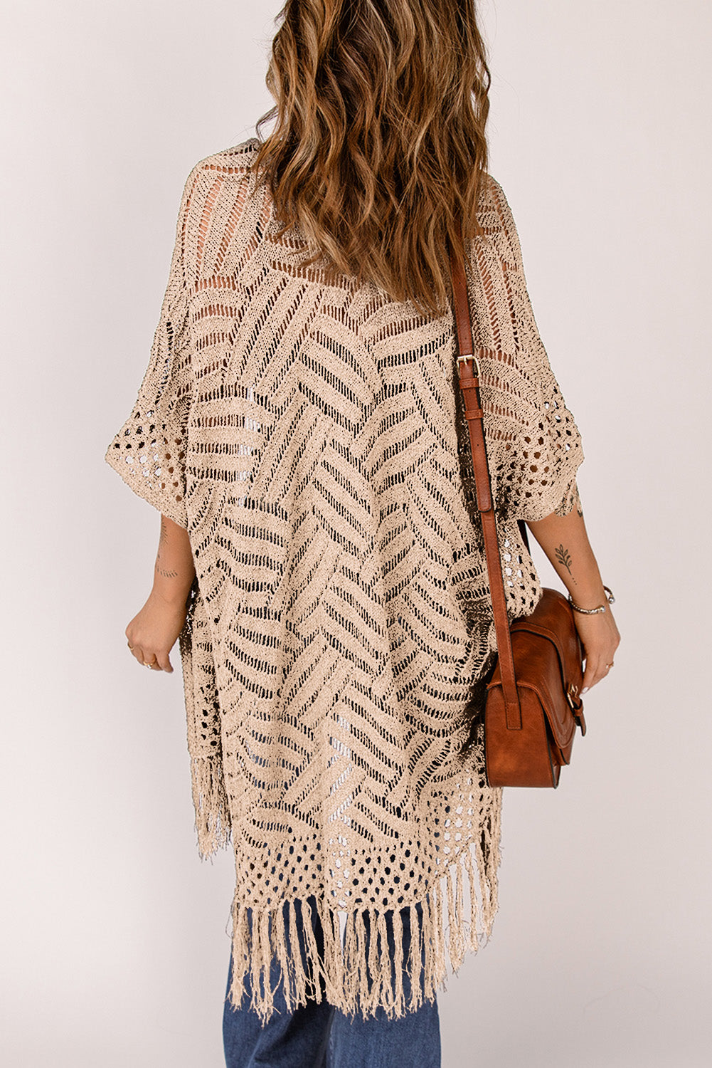 Openwork Open Front Cardigan with Fringes - The Boutie Shop