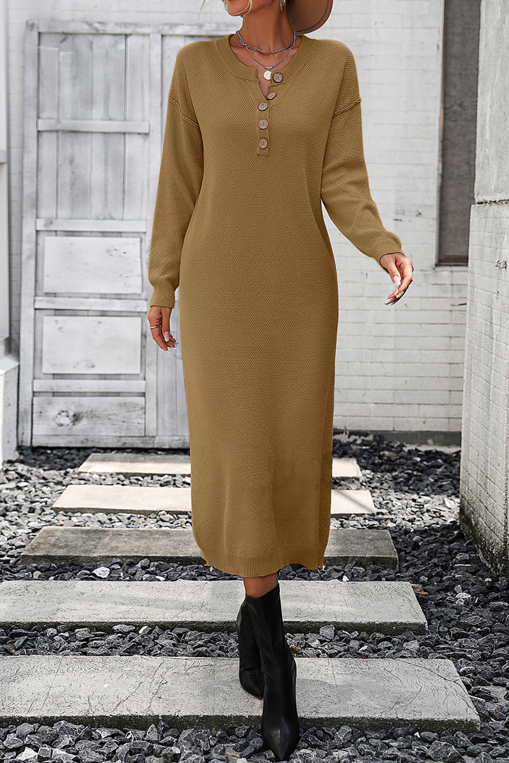 Decorative Button Notched Dropped Shoulder Sweater Dress - The Boutie Shop