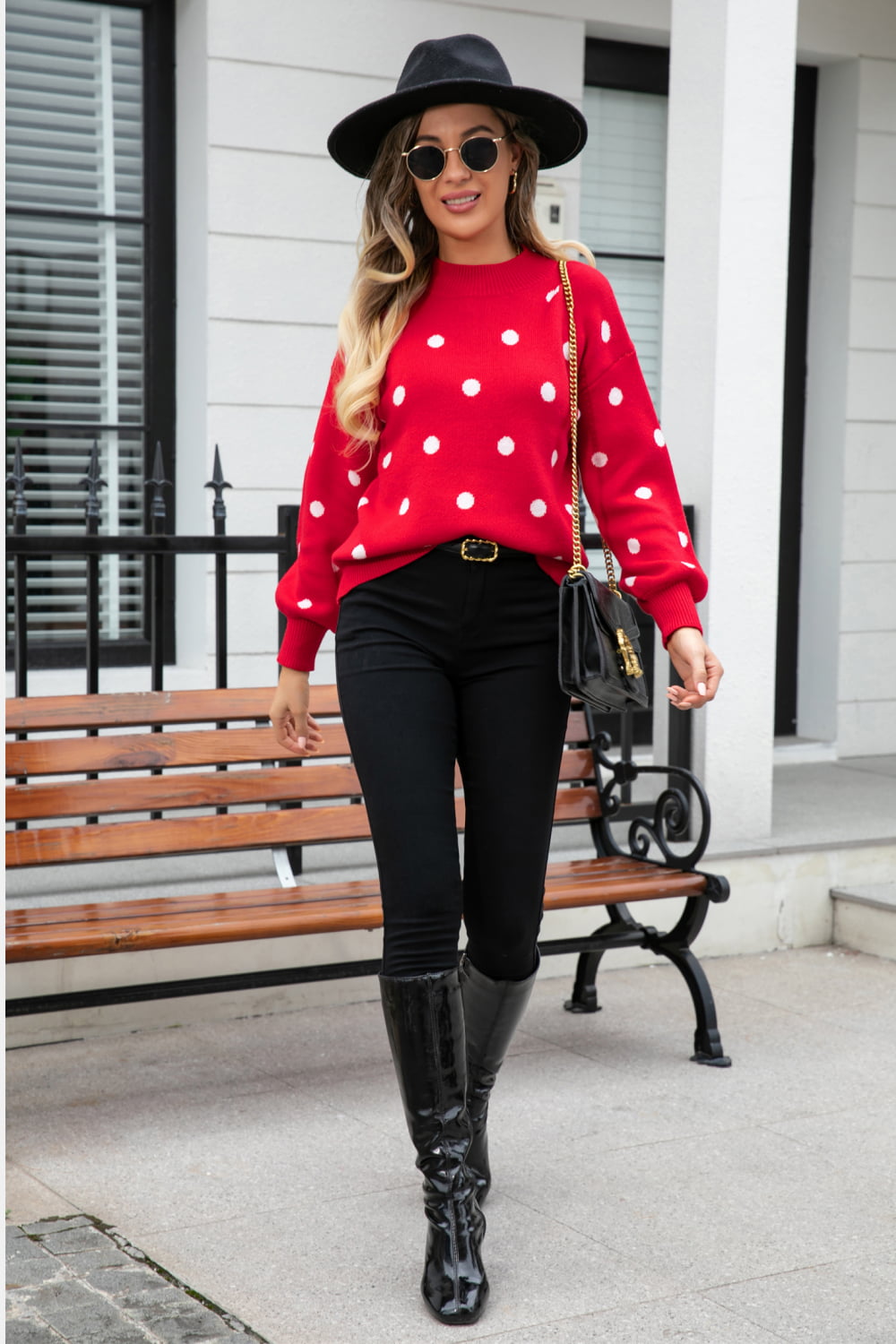 Angel Wings Woven Right Polka Dot Round Neck Dropped Shoulder Sweater - The Boutie Shop