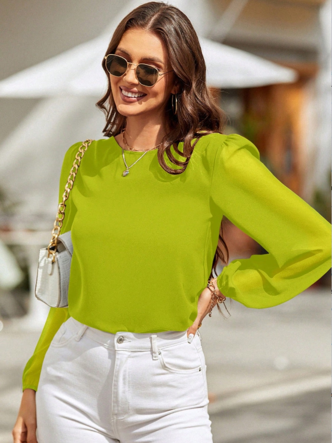 Round Neck Balloon Sleeve Blouse - The Boutie Shop