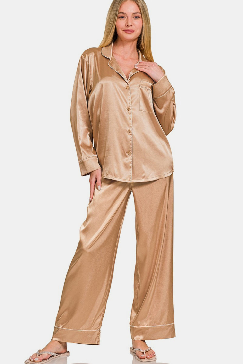 Zenana Satin Long Sleeve Shirt and Pants Pajama Set - The Boutie Shop