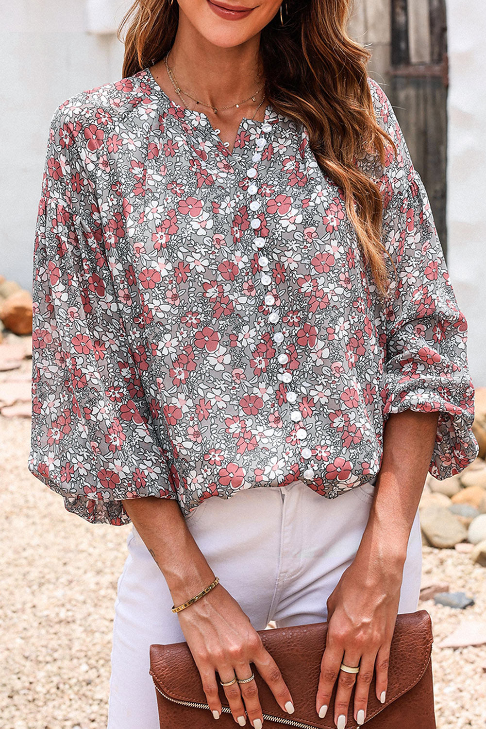 Printed Notched Balloon Sleeve Blouse - The Boutie Shop