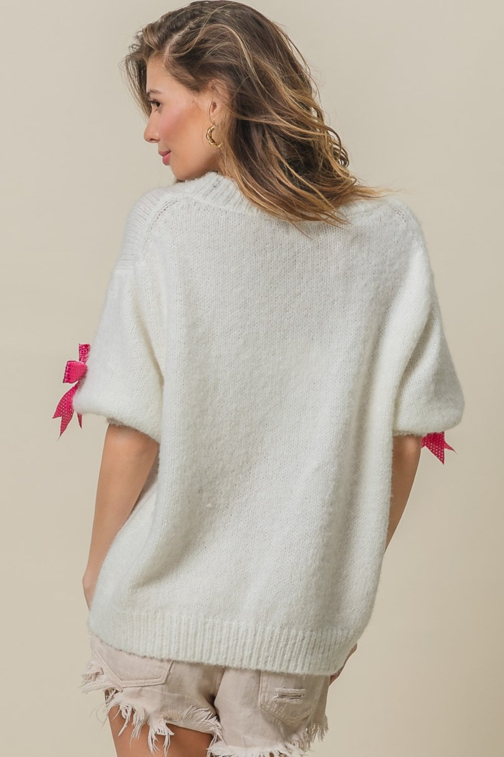 BiBi Sequin Bow Puff Sleeve Sweater - The Boutie Shop