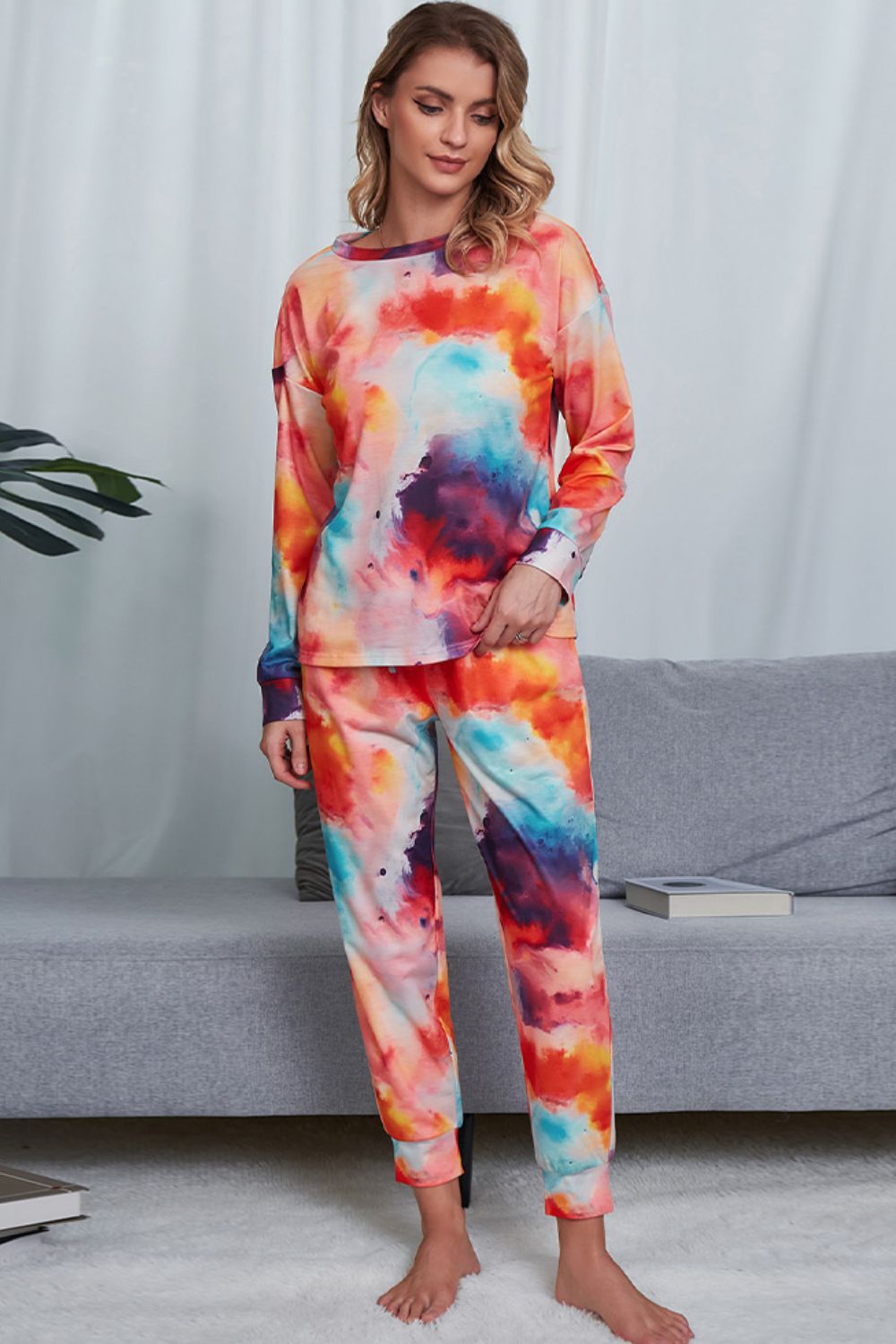 Shiny Tie-Dye Crewneck Top and Drawstring Waist Joggers Lounge Set - The Boutie Shop