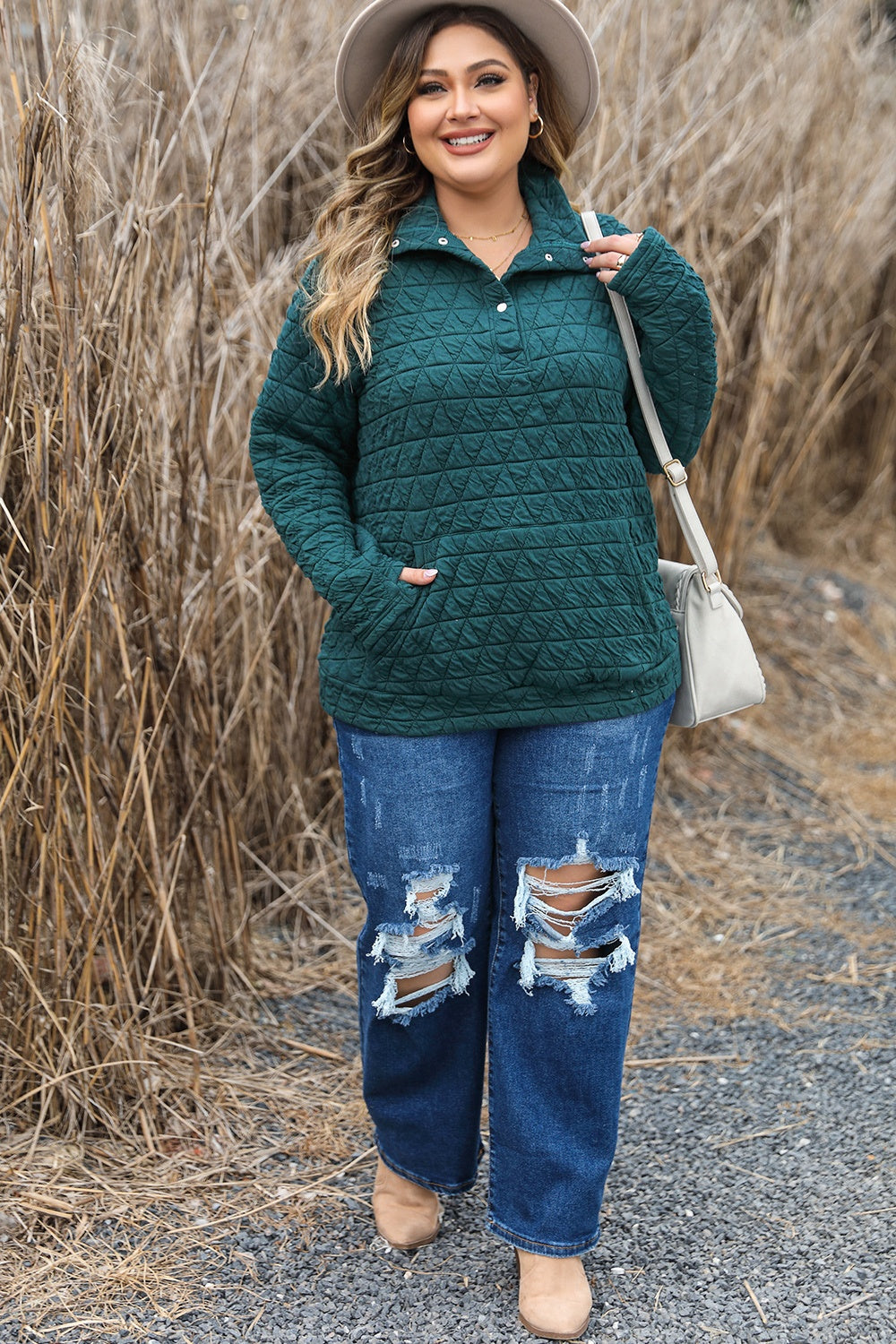 Plus Size Quarter Snap Quilted Sweatshirt - The Boutie Shop