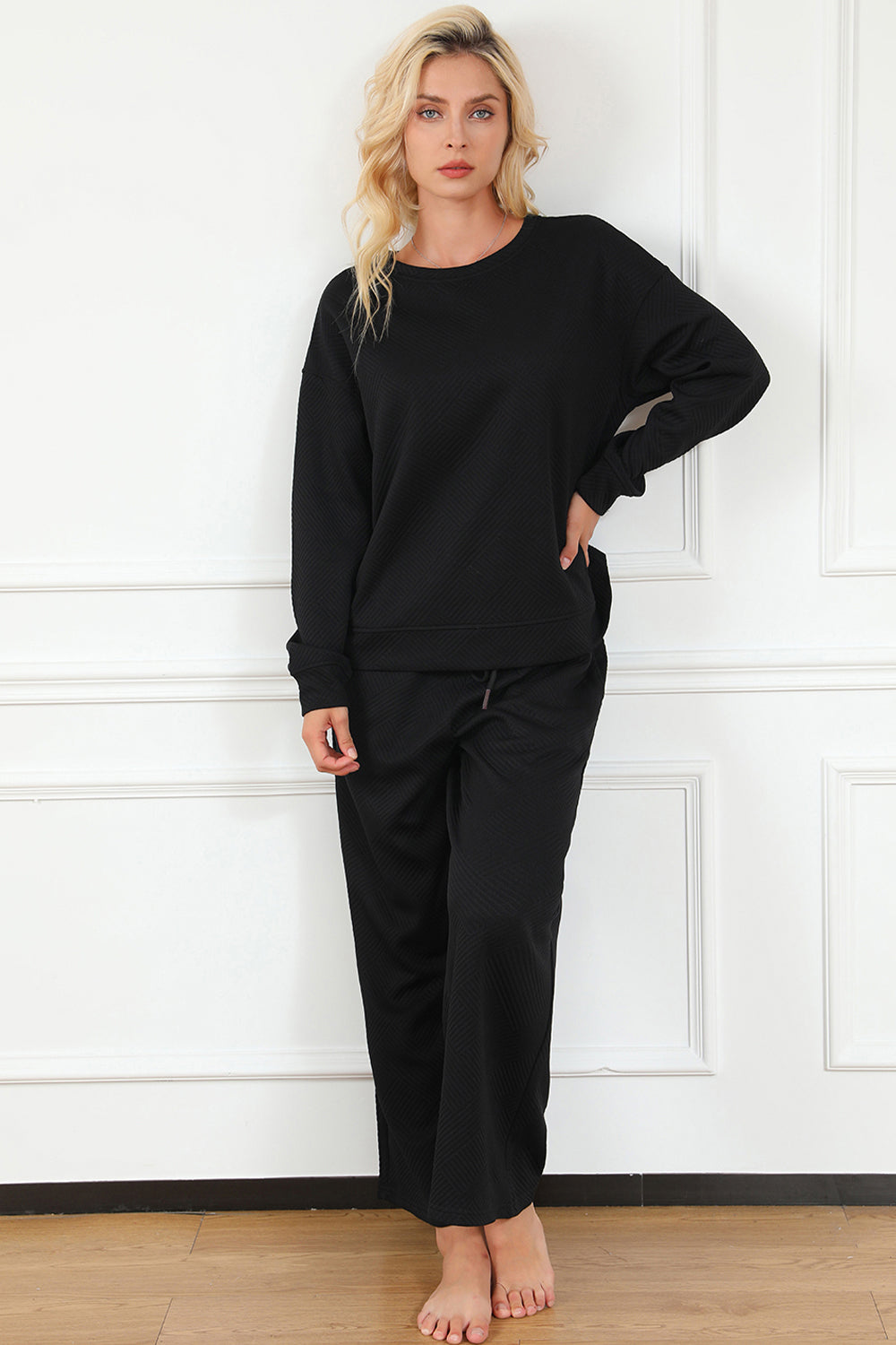 Double Take Full Size Textured Long Sleeve Top and Drawstring Pants Set - The Boutie Shop