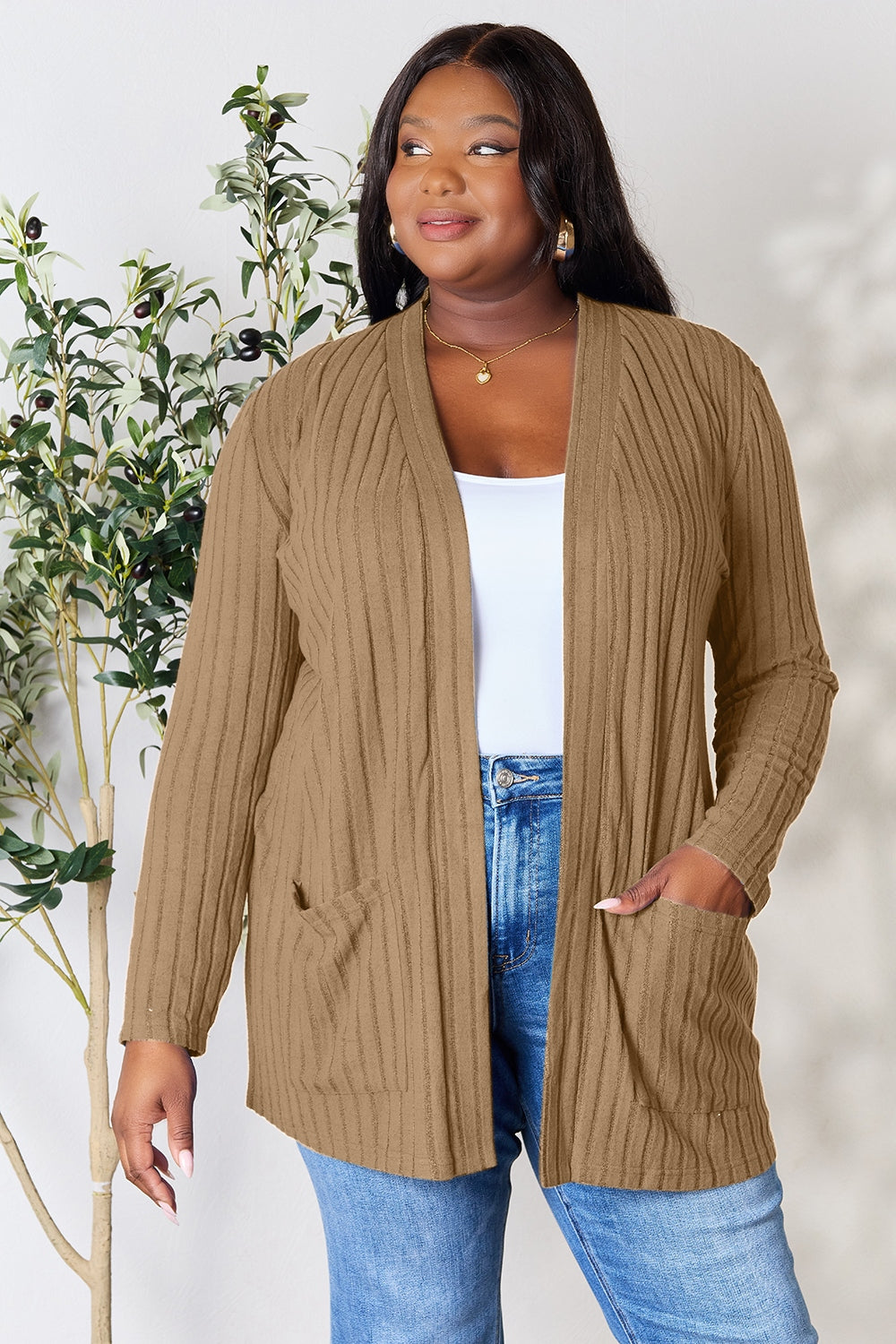 Basic Bae Full Size Ribbed Open Front Cardigan with Pockets - The Boutie Shop