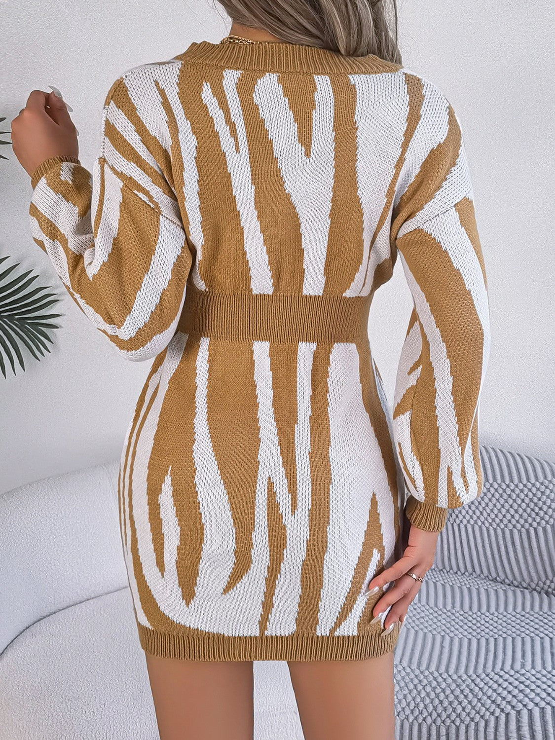 Animal Print V-Neck Long Sleeve Sweater Dress - The Boutie Shop