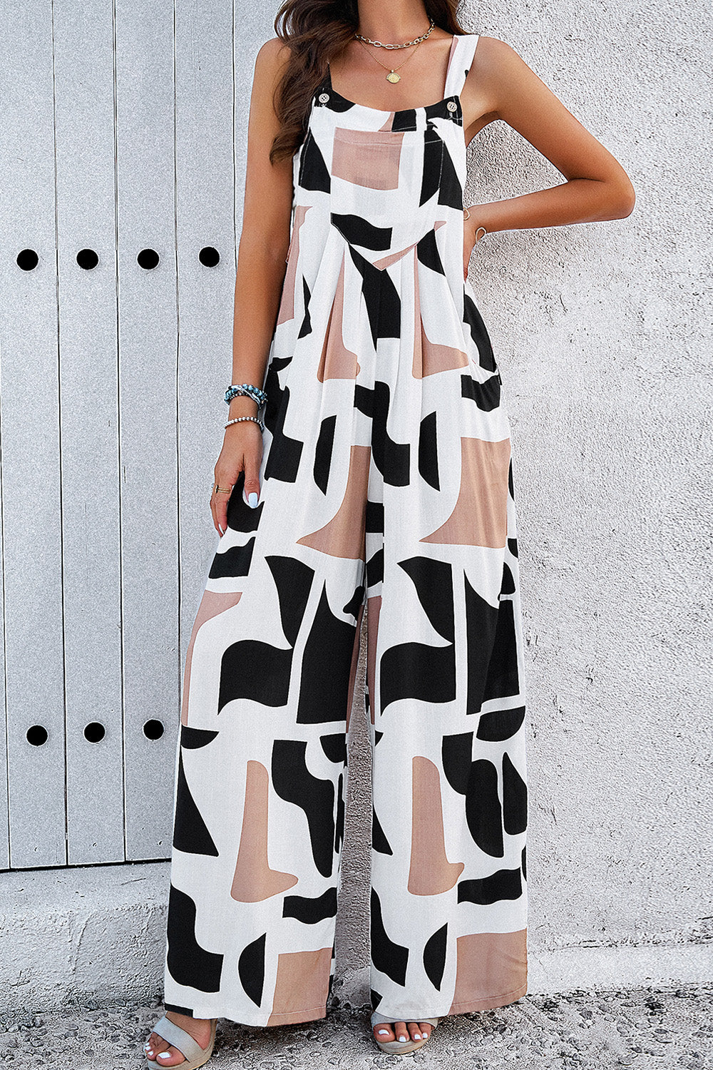 Devine Printed Wide Strap Jumpsuit with Pockets - The Boutie Shop