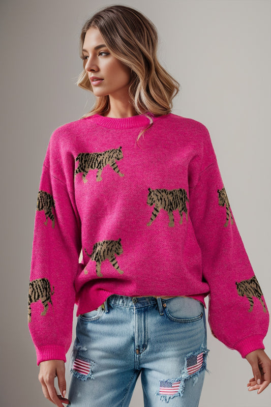 Tiger Pattern Round Neck Drop Shoulder Sweater - The Boutie Shop