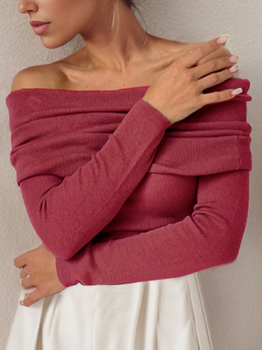 Off-Shoulder Long Sleeve Sweater - The Boutie Shop