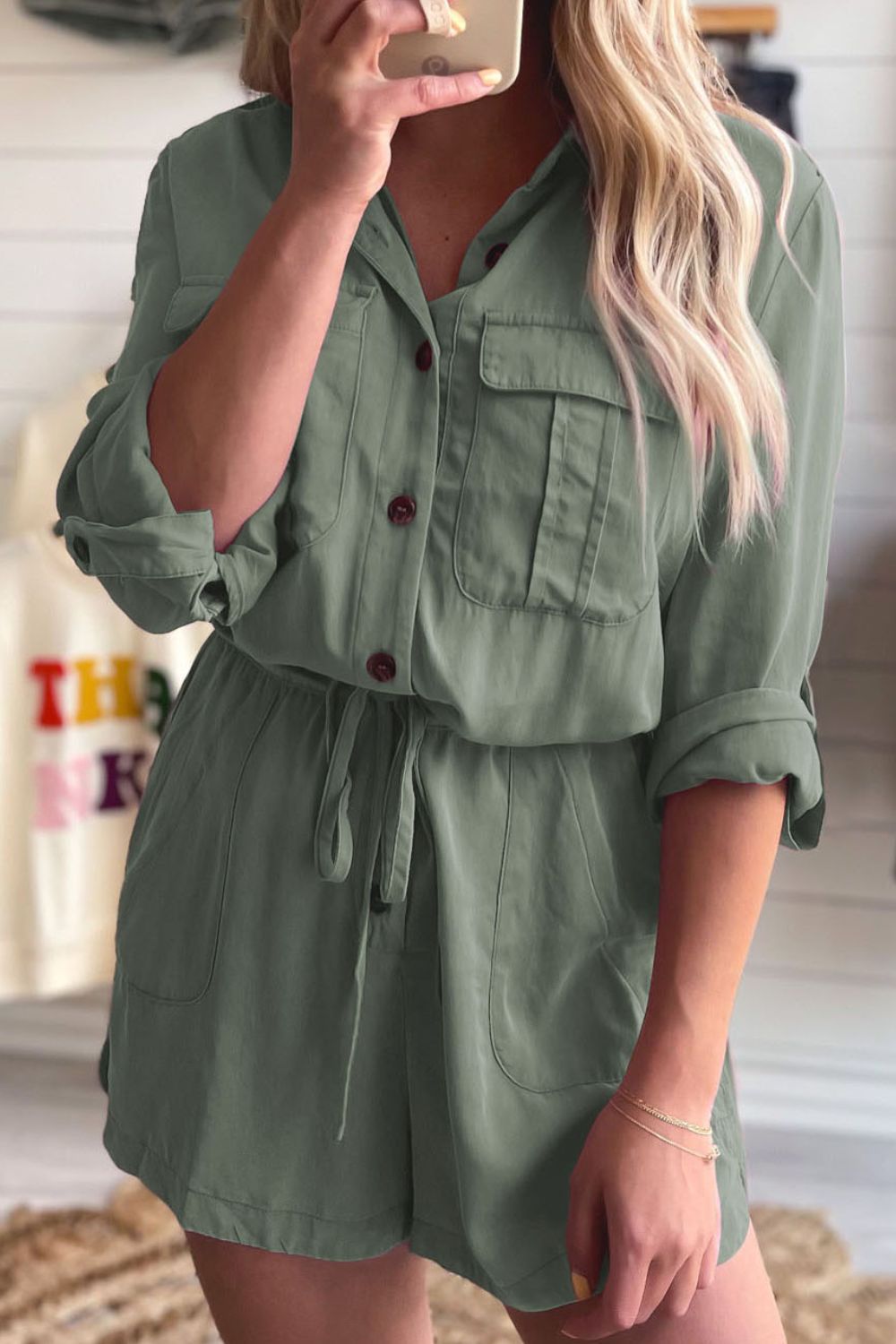 Collared Neck Drawstring Roll-Tab Sleeve Romper - The Boutie Shop