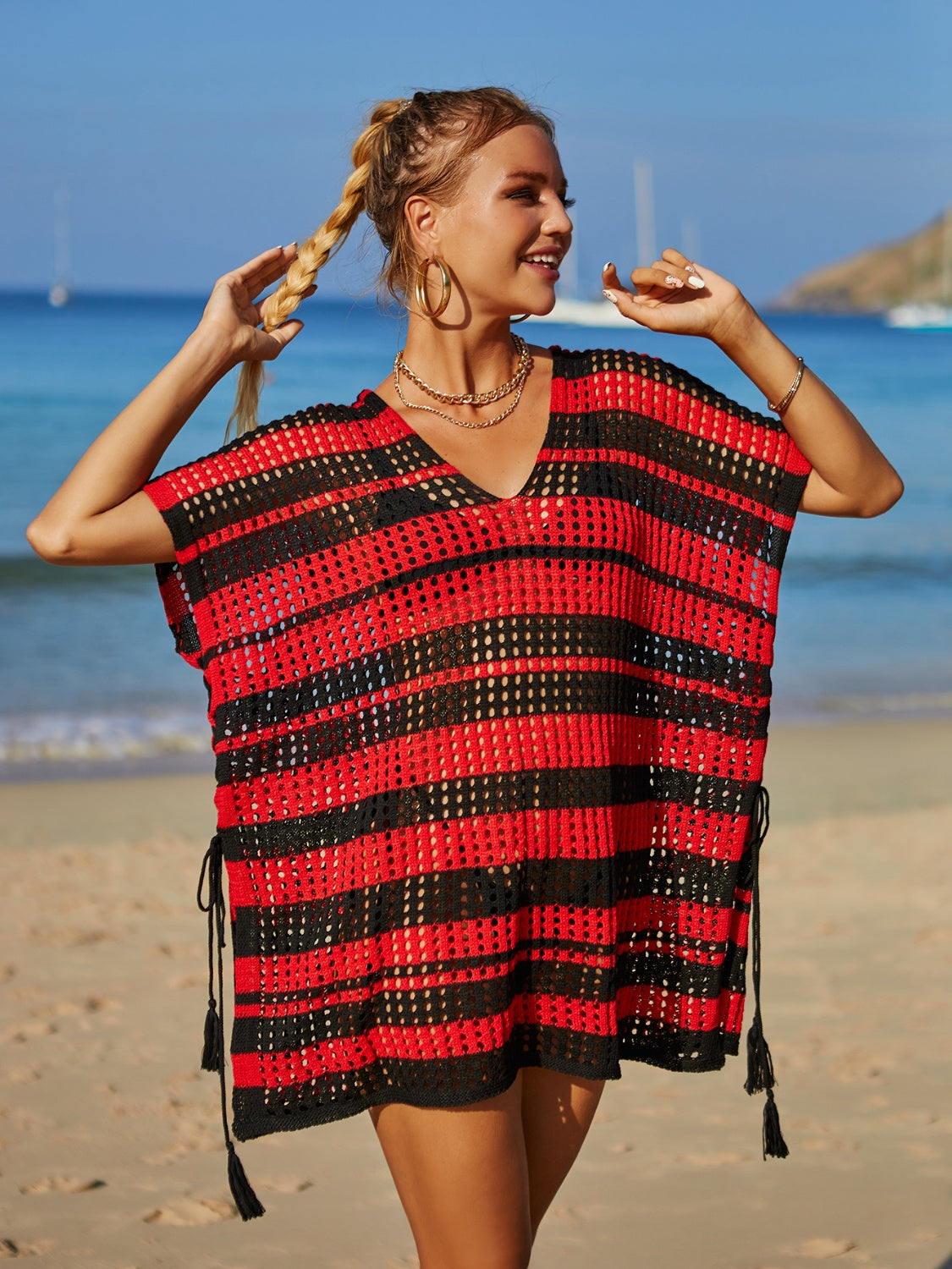 Angel Wings Tassel Openwork Striped V-Neck Cover Up - The Boutie Shop