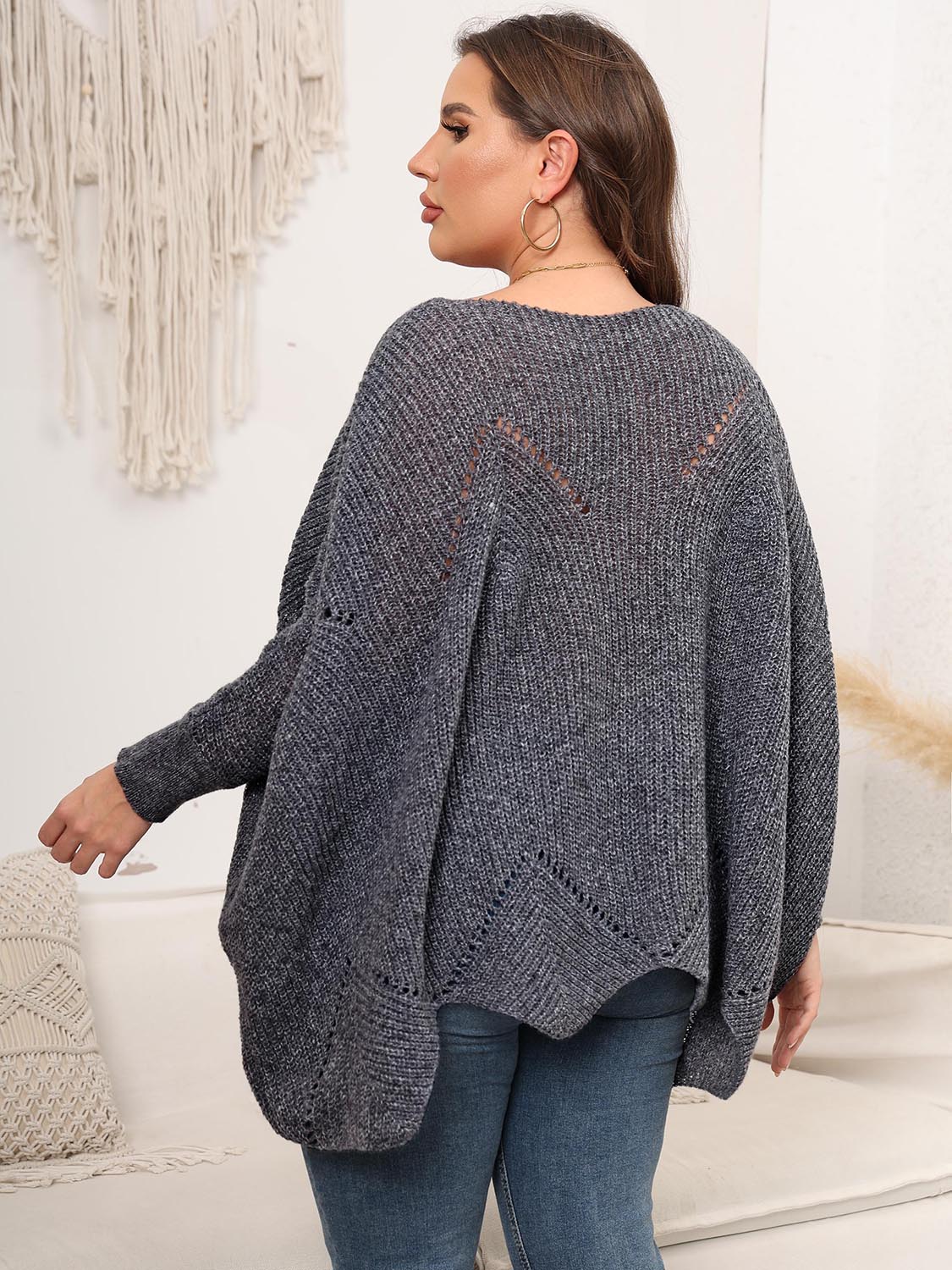 Plus Size Round Neck Batwing Sleeve Sweater - The Boutie Shop