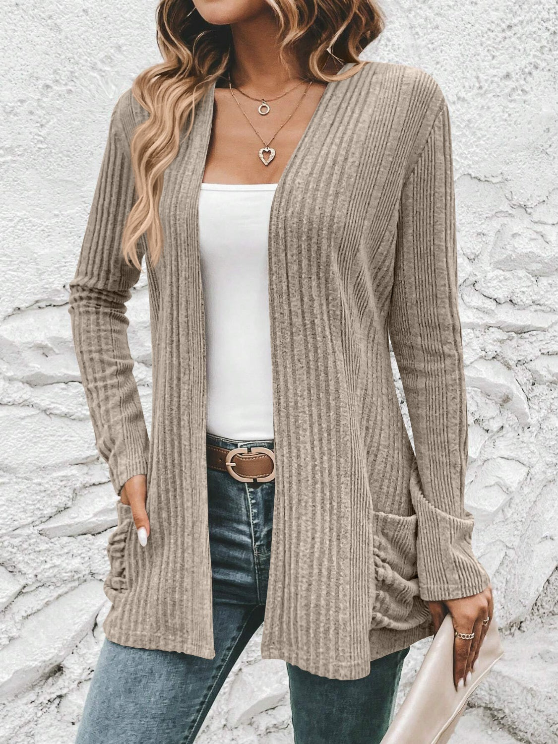 Ribbed Open Front Cardigan with Pockets - The Boutie Shop