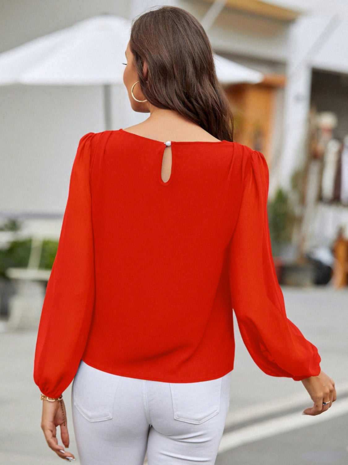 Round Neck Balloon Sleeve Blouse - The Boutie Shop