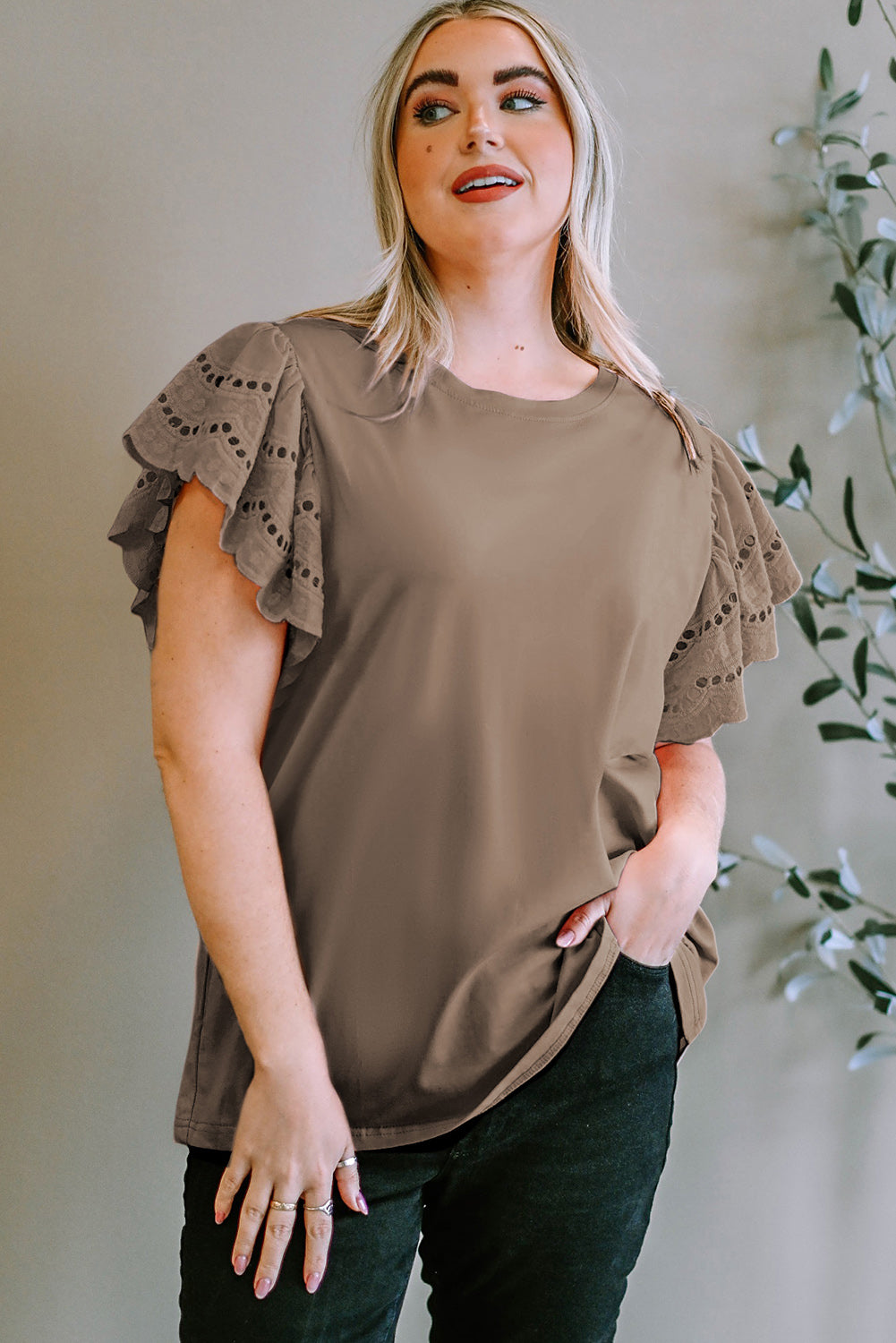 Plus Size Eyelet Round Neck Short Sleeve Blouse - The Boutie Shop