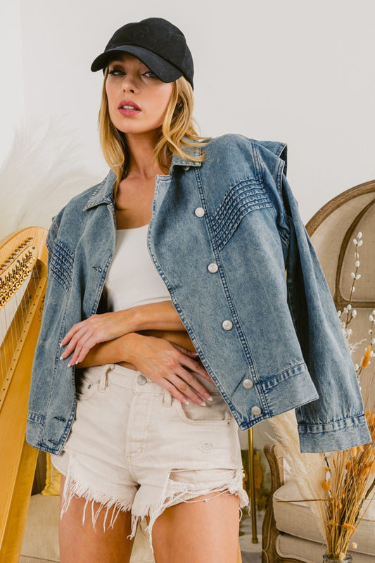 BiBi Button Up Long Sleeve Denim Jacket - The Boutie Shop