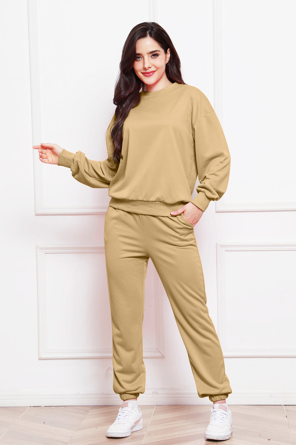 Round Neck Long Sleeve Sweatshirt and Pants Set - The Boutie Shop