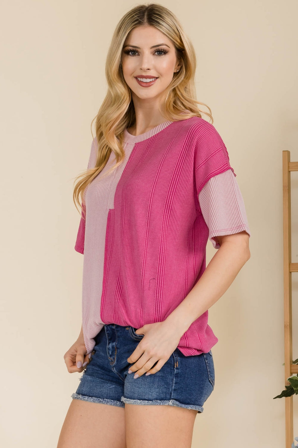 Celeste Full Size Ribbed Color Block Short Sleeve T-Shirt - The Boutie Shop