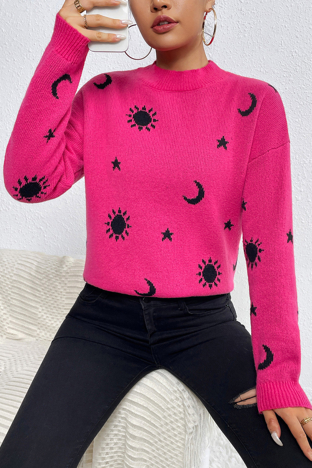 Graphic Mock Neck Dropped Shoulder Sweater - The Boutie Shop