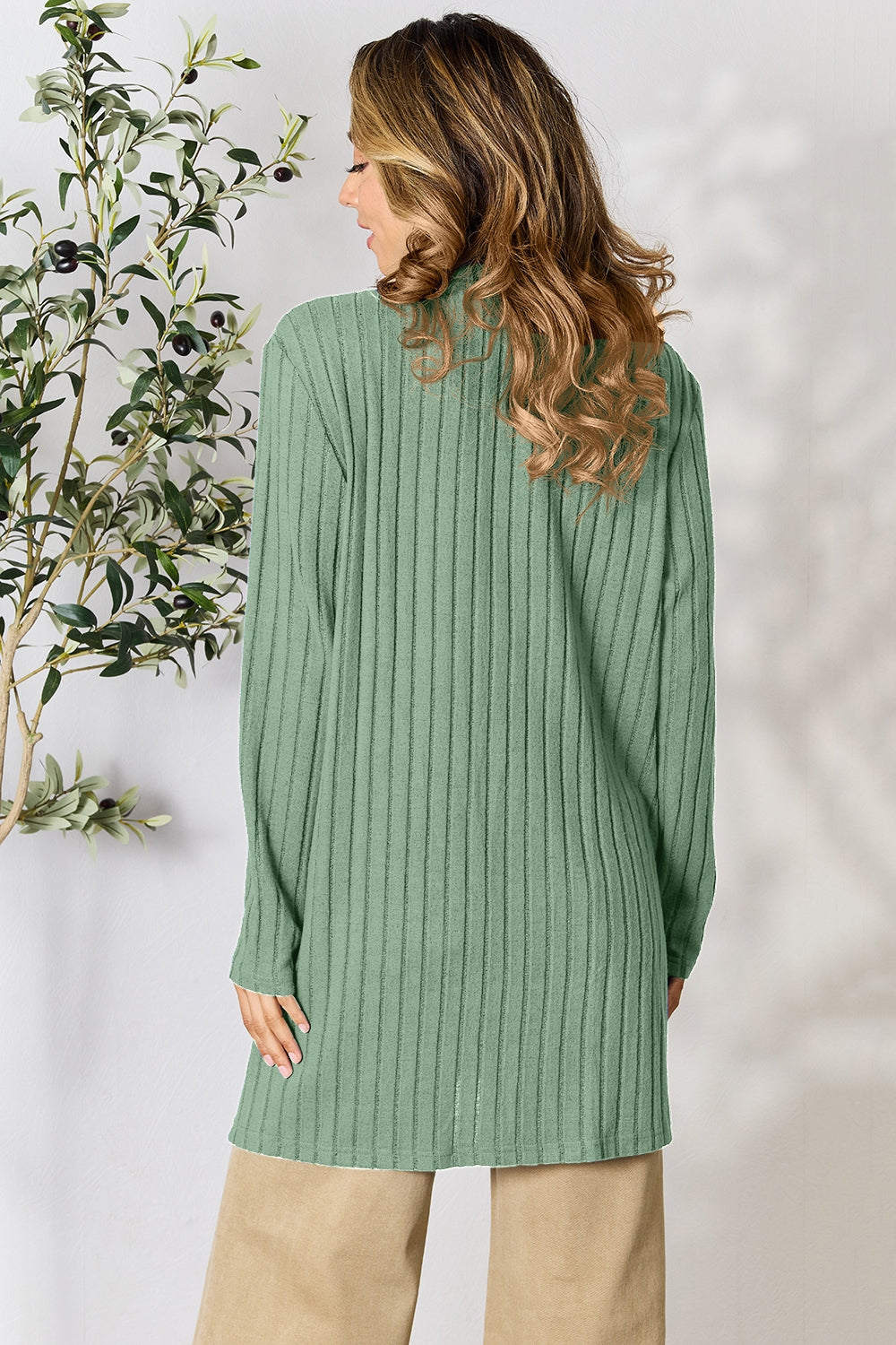 Basic Bae Full Size Ribbed Open Front Cardigan with Pockets - The Boutie Shop