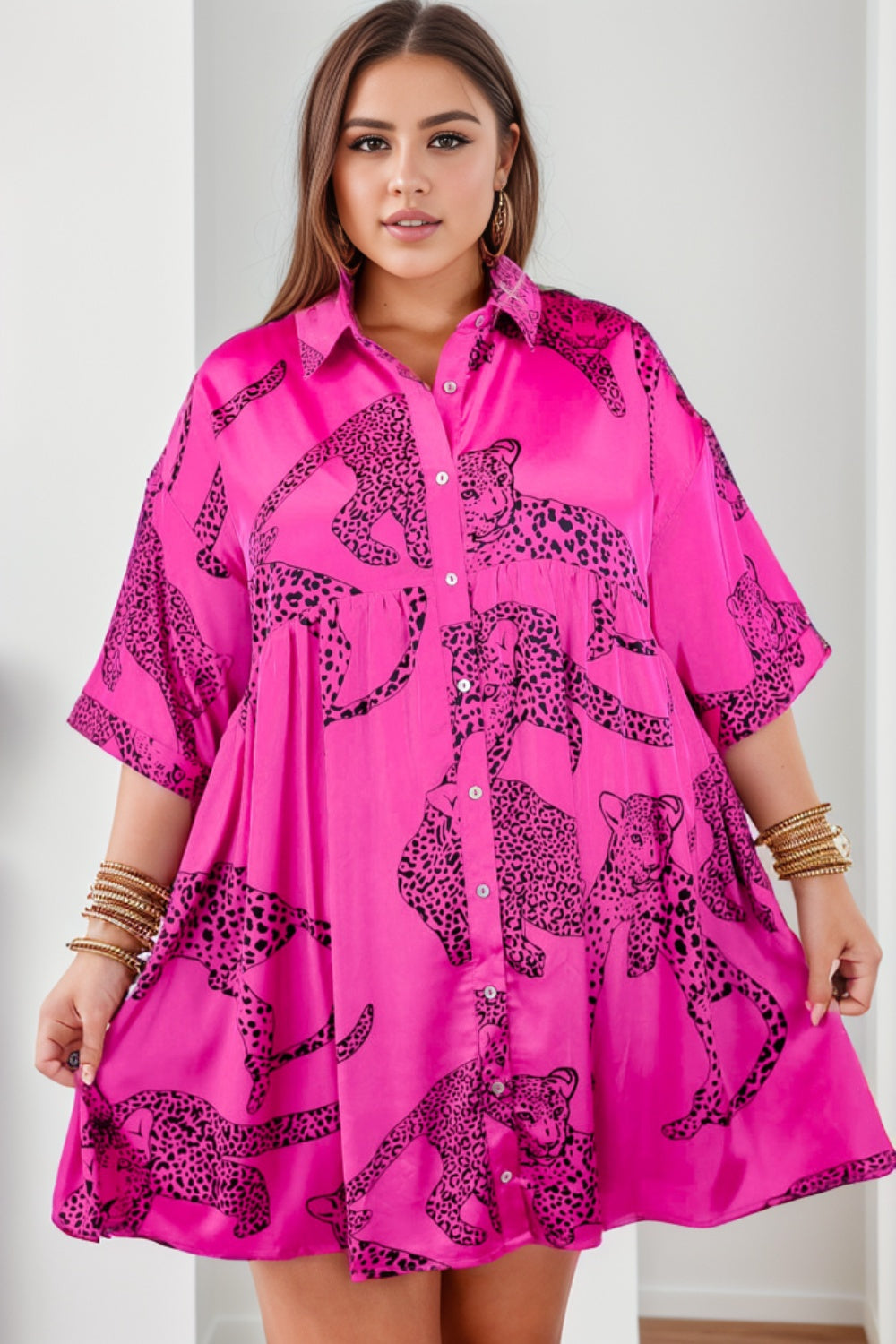 Plus Size Tiger Printed Button Up Half Sleeve Dress - The Boutie Shop